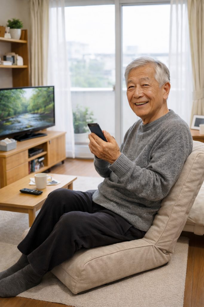 自宅のリビングでくつろぐ高齢の男性