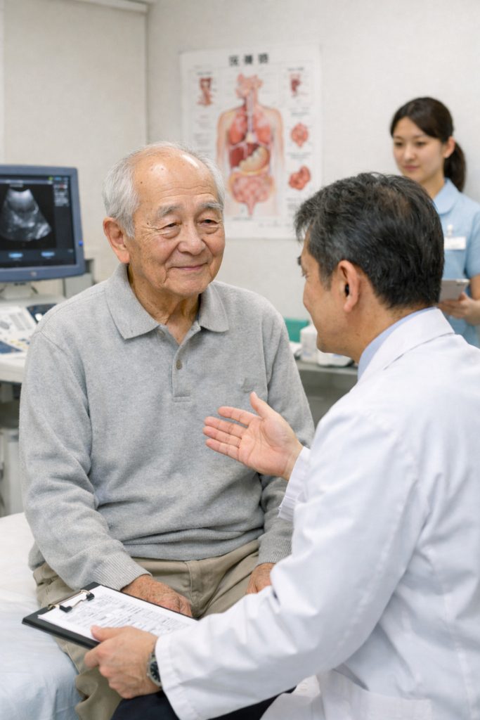 病院で医師の説明を受ける高齢の男性（通院の付き添い）