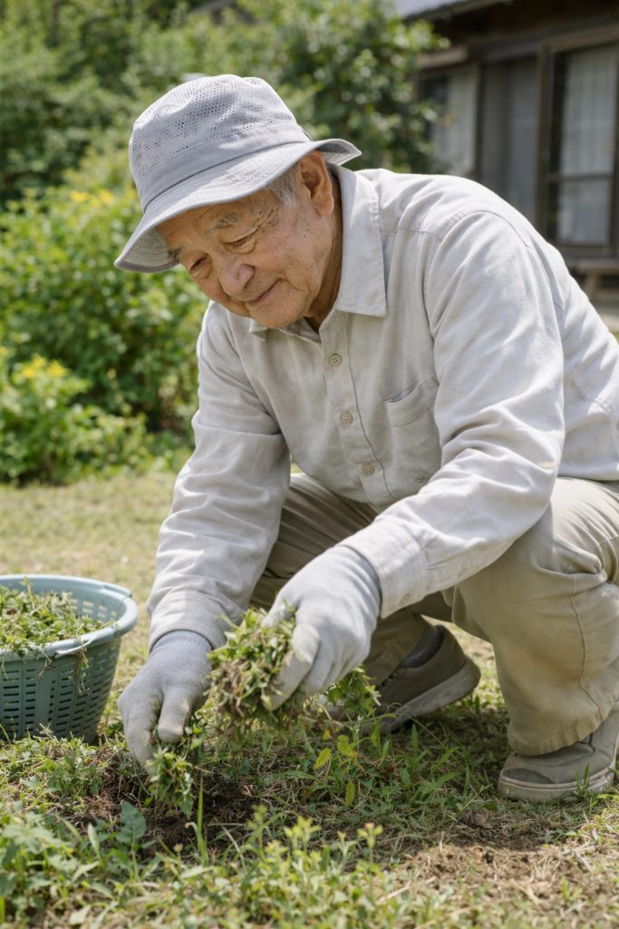 庭で草むしりをする様子（生活支援サービス）