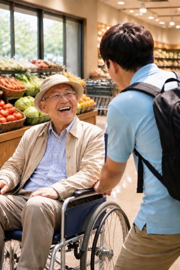 スーパーでの買い物を楽しむ車いすの男性と付き添いスタッフ